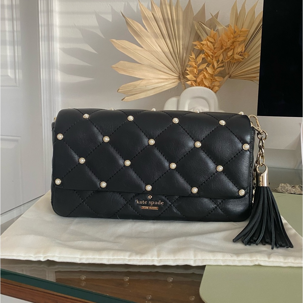 Kate Spade Quilted Leather Shoulder Bag with Pearls and Gold Chain